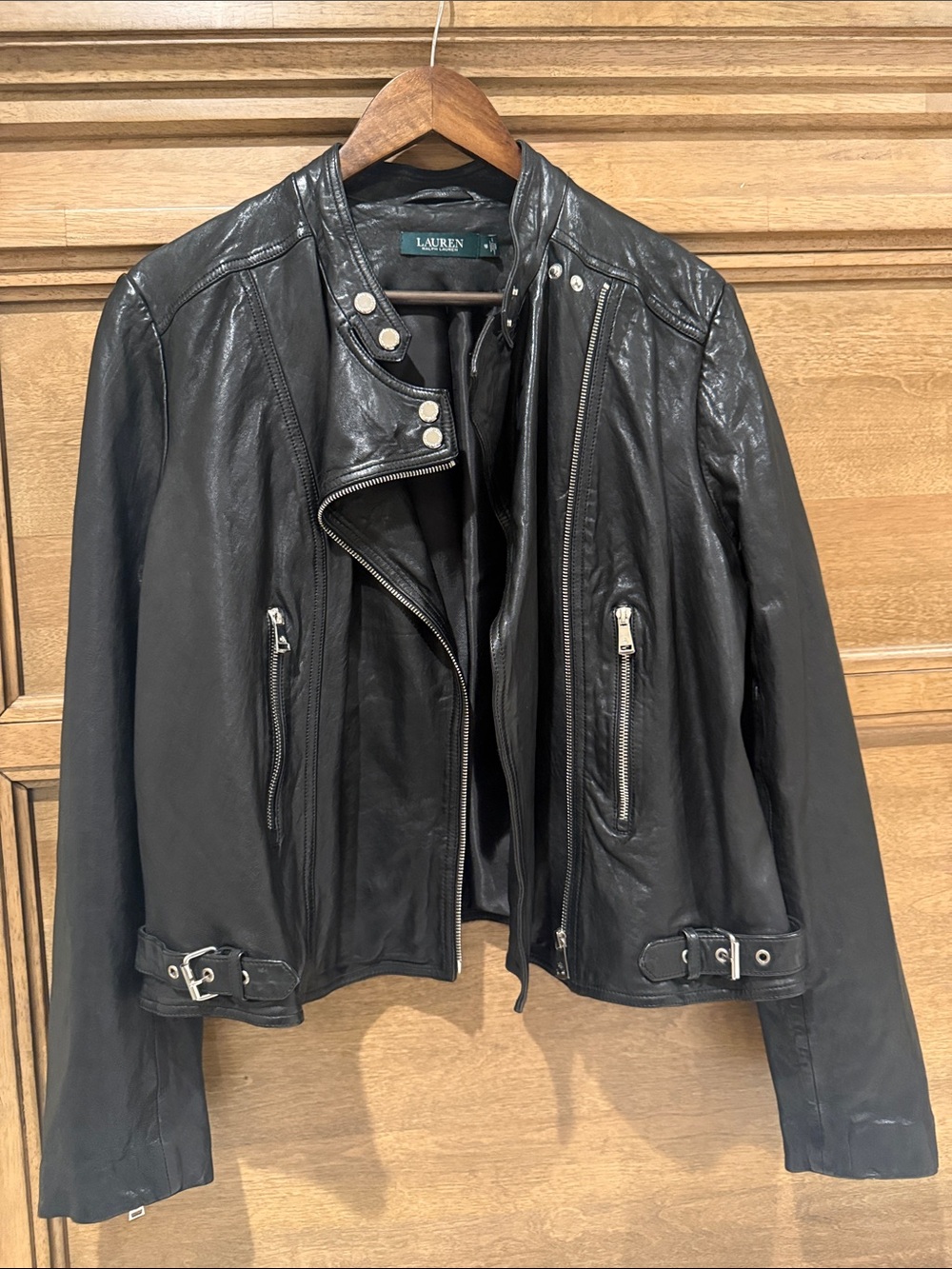 Lauren Ralph Lauren Black Leather Biker Jacket with Zip Pockets